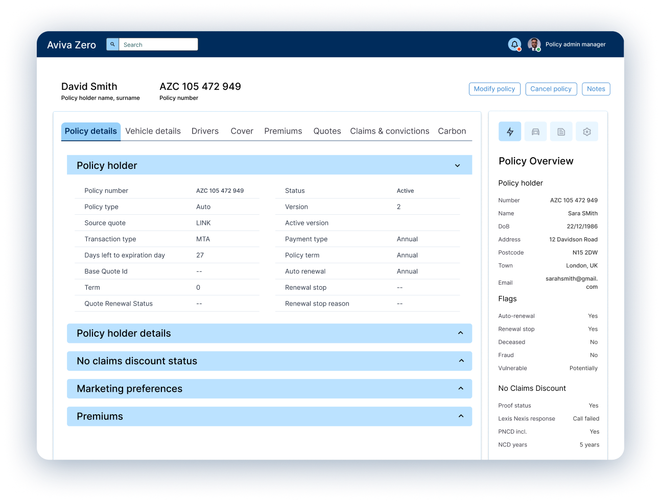 After — redesigned Aviva Zero dashboard